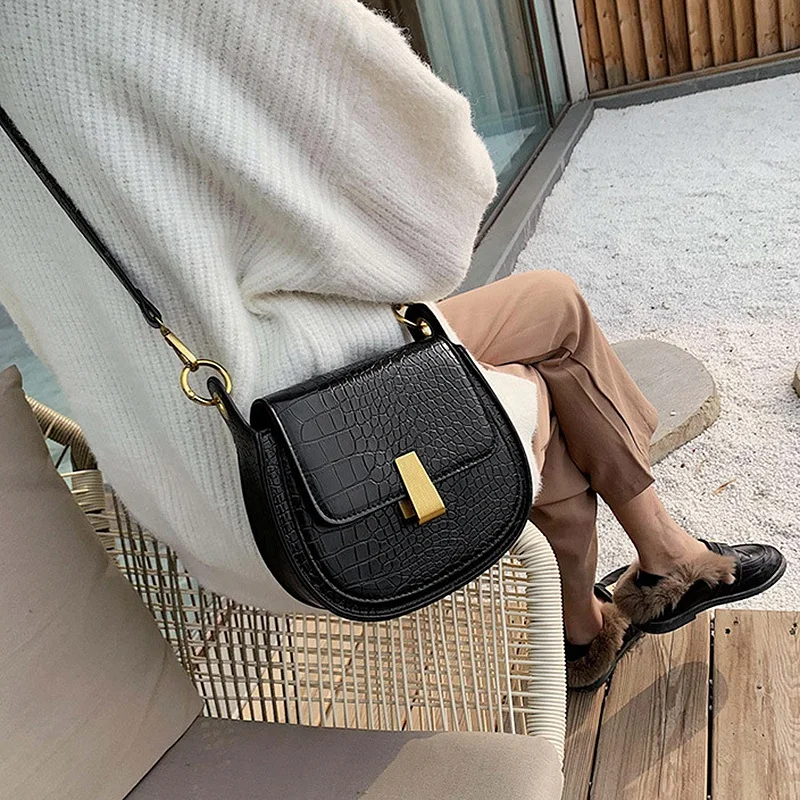 

ABDB-Stone Pattern Pu Leather Saddle Bags for Women Mini Crossbody Messenger Bag Female Travel Handbags