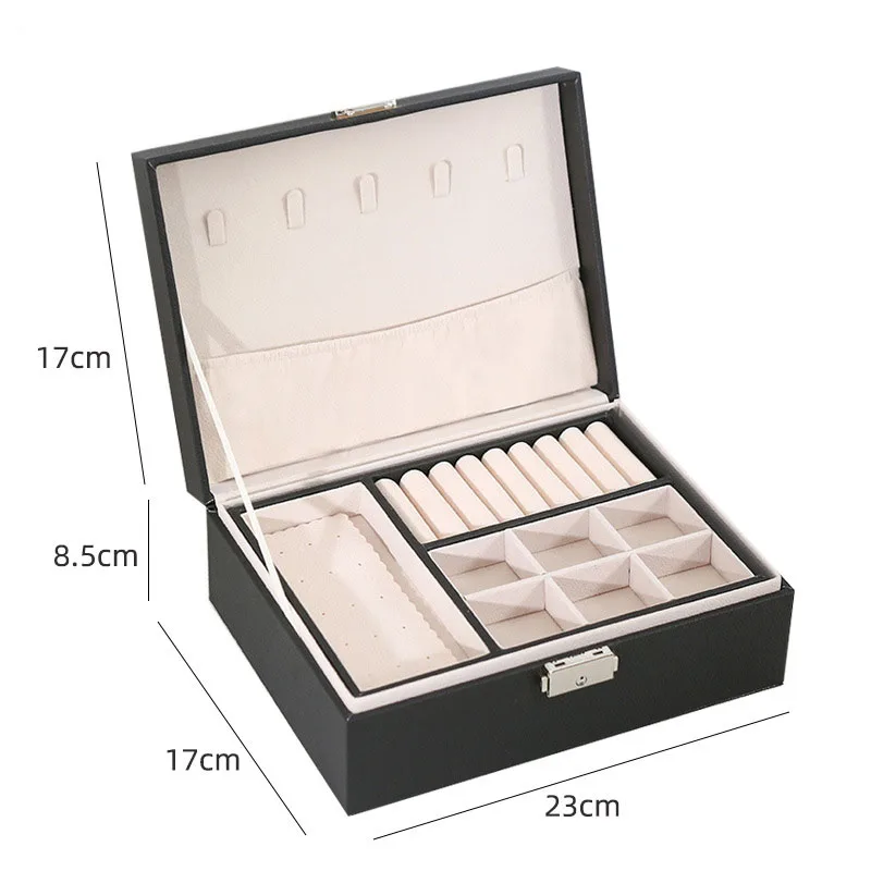 New Design Pu Leather Jewelry Box Double-Layer Wooden Case Princess Display Holder Women Gift with Lock