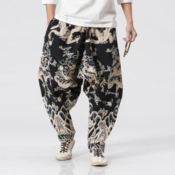 

New Dragon Printing Harem Pants Men Chinese Style Casual Loose Cotton Linen Sweatpants Jogger Pants Mens Streetwear Trousers