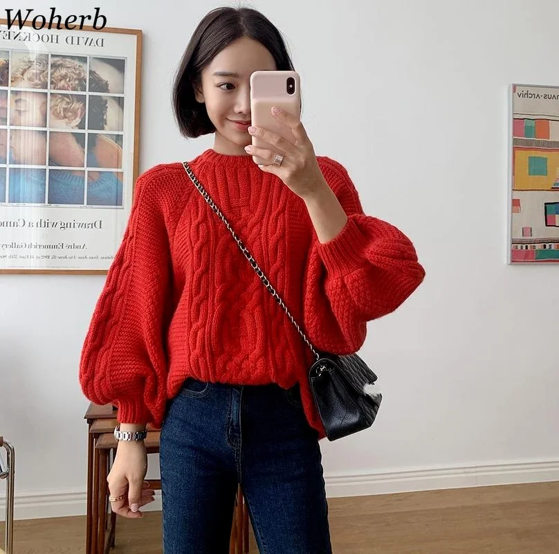 Woherb Vintage Round Neck Pullover Women'S Sweater 2021 Autumn Winter Lazy Loose Long-Sleeved Solid Casual Warm Knitted | Женская
