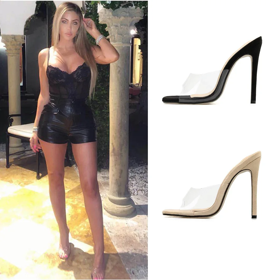 

Slides Thin Heels Heeled Mules Slippers Women Summer Shoes Big Size Sliders High 2019 PU Fretwork Fabric Pumps Scandals Rubber