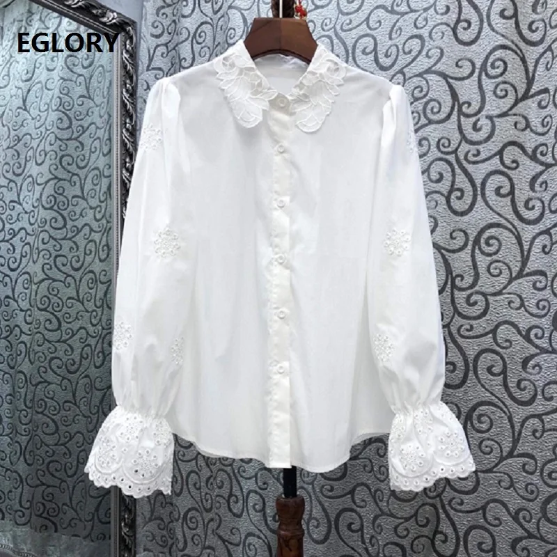 

New Arrival Blouse Shirts 2020 Autumn High Quality Designer Blouses Women Turn-down Collar Hollow Out Embroidery Cotton Shirts
