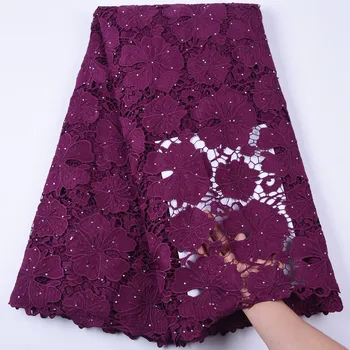 

Newest African Hollow Out Flowers Guipure Cord Laces Fabrics For Dress Wine Red French Water Soluble Cord Lace With Stones 1707