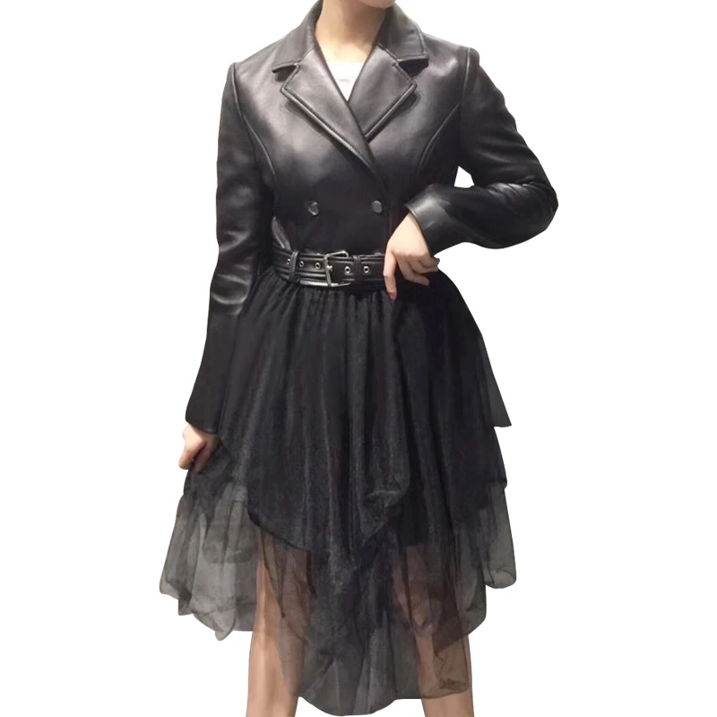 

2019 Spring Luxury Sheepskin Real Leather Jacket Lace Hem Removable Skirt Women Slim Fit Buckle Motor Biker Lady Leather Coat