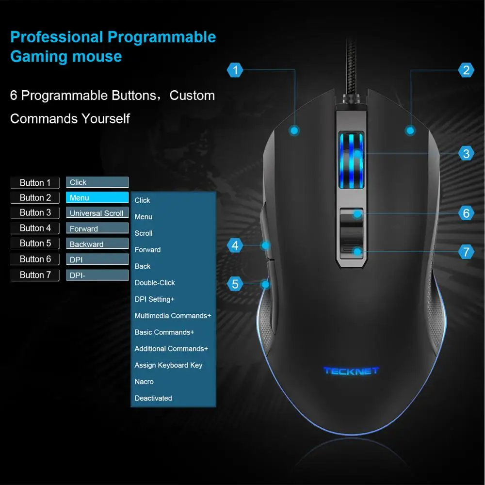 Программируемая мышь TeckNet 7200DPI RGB светодиодный светильник проводная геймерская s