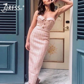 

INDRESSME 2019 Women Sexy Button Strapless Sleeveless Tweed Bandage Dress Party Club Knee Length Bodycon Dress Wholesale Hot