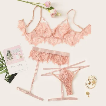 

Garter Belts Lace 3 Piece Harness Underwear Women See-though Lingerie Set Sleepwear Hollow Out Bras Sets Bra & Panty Set Nighty
