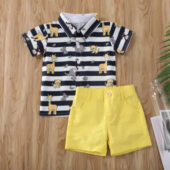 

1-5Years Kids Baby Boy Gentleman Clothes Striped Animal Print Short Sleeve Lapel Tops T-Shirt+Short Pants Casual Party Beach Set
