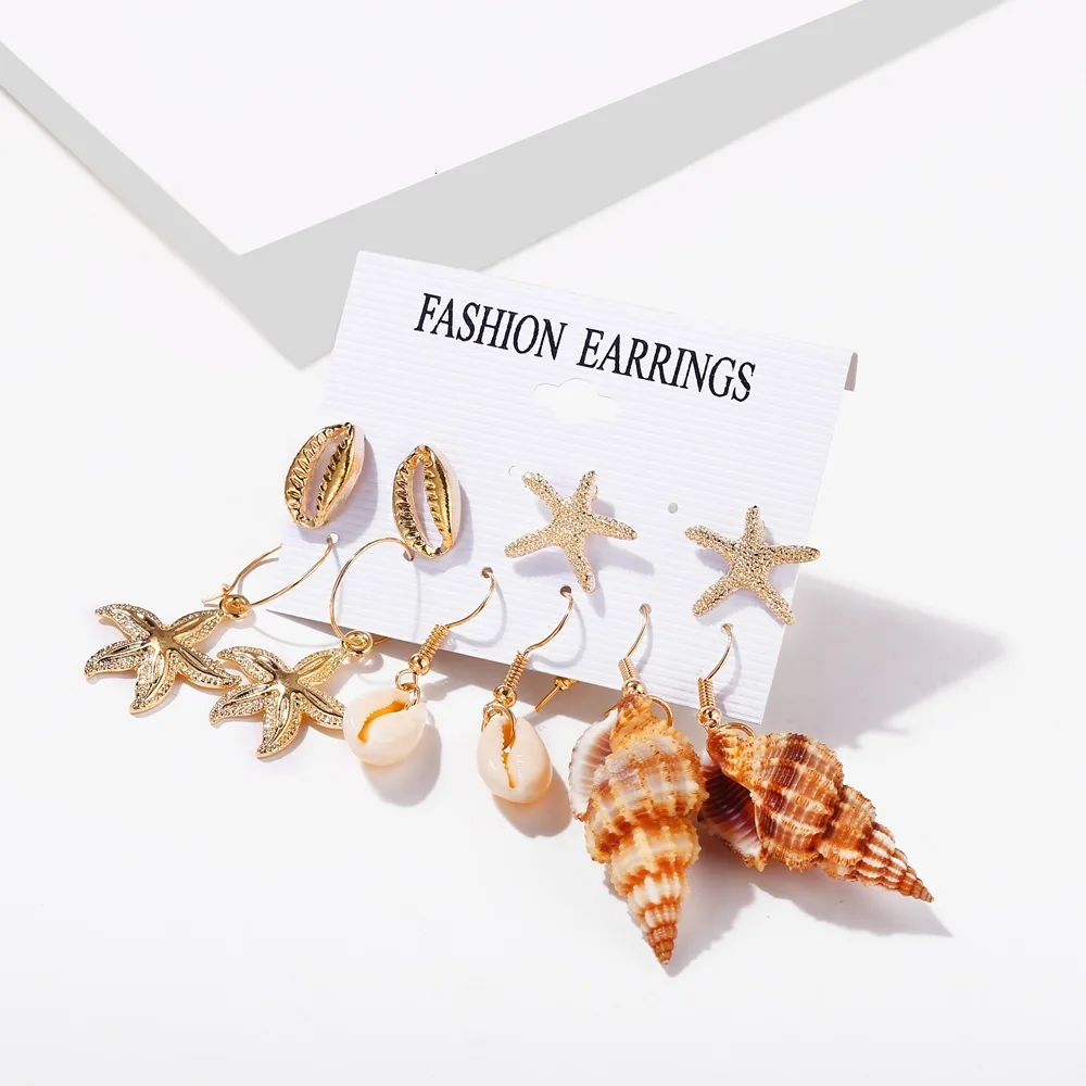 

New Fashion Earring Sets Gold Color Alloy Geometric Shell Mixed Week Drop Earrings Set for Women
