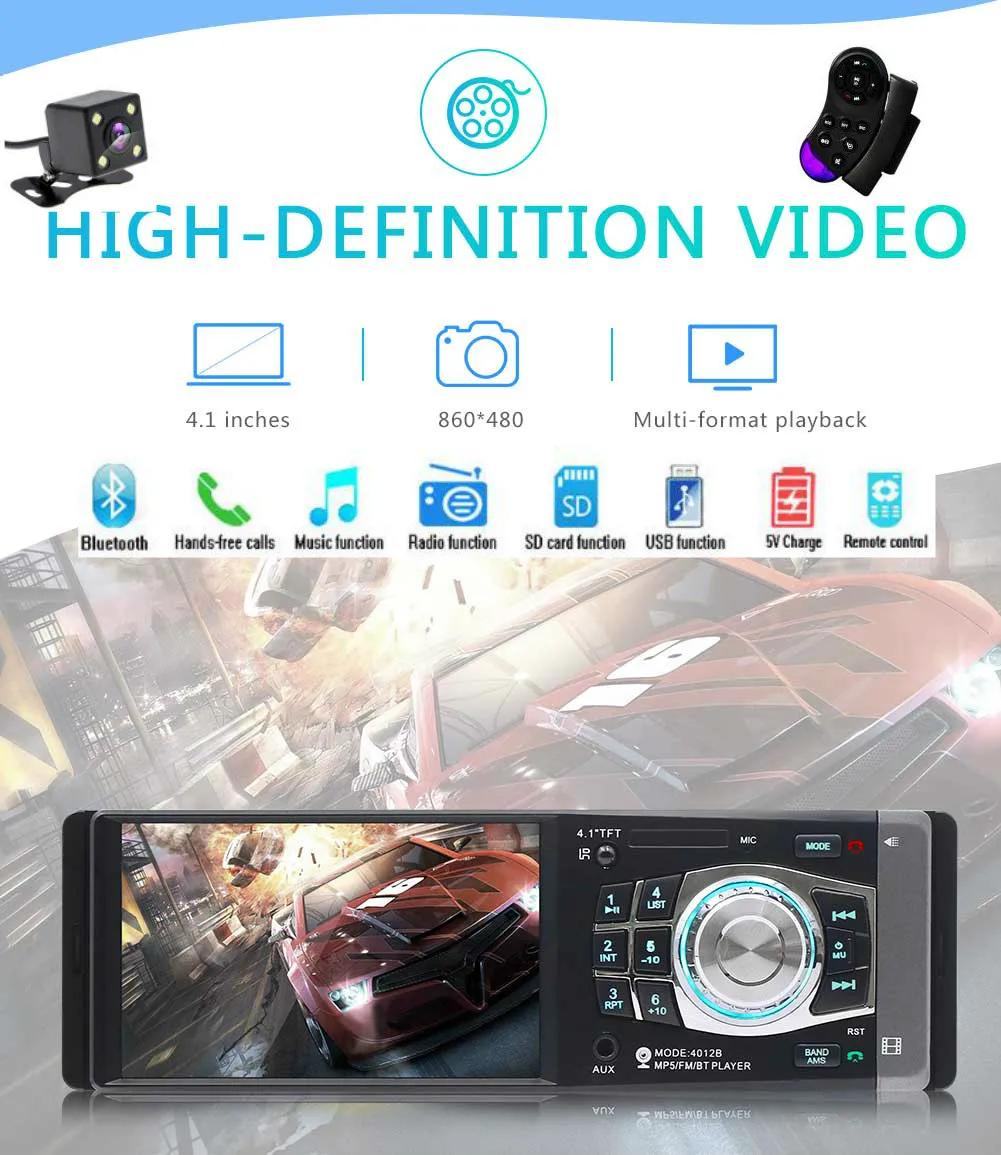 Автомагнитола 4 1 дюйма HD Din MP3 MP5 стерео Bluetooth FM с камерой заднего