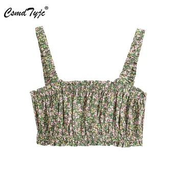 

Women Sweet Floral Print Crop Blouses Pleated Elastic Tank Top female Summer Streetwear Backless Chic Cami