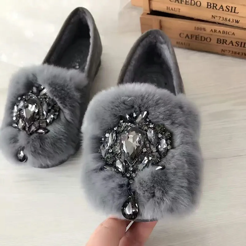 

Luxury Glitter rhinestone moccasins ladies flat heels platform plush loafers comfort slip-on espadrilles warm winter shoes women