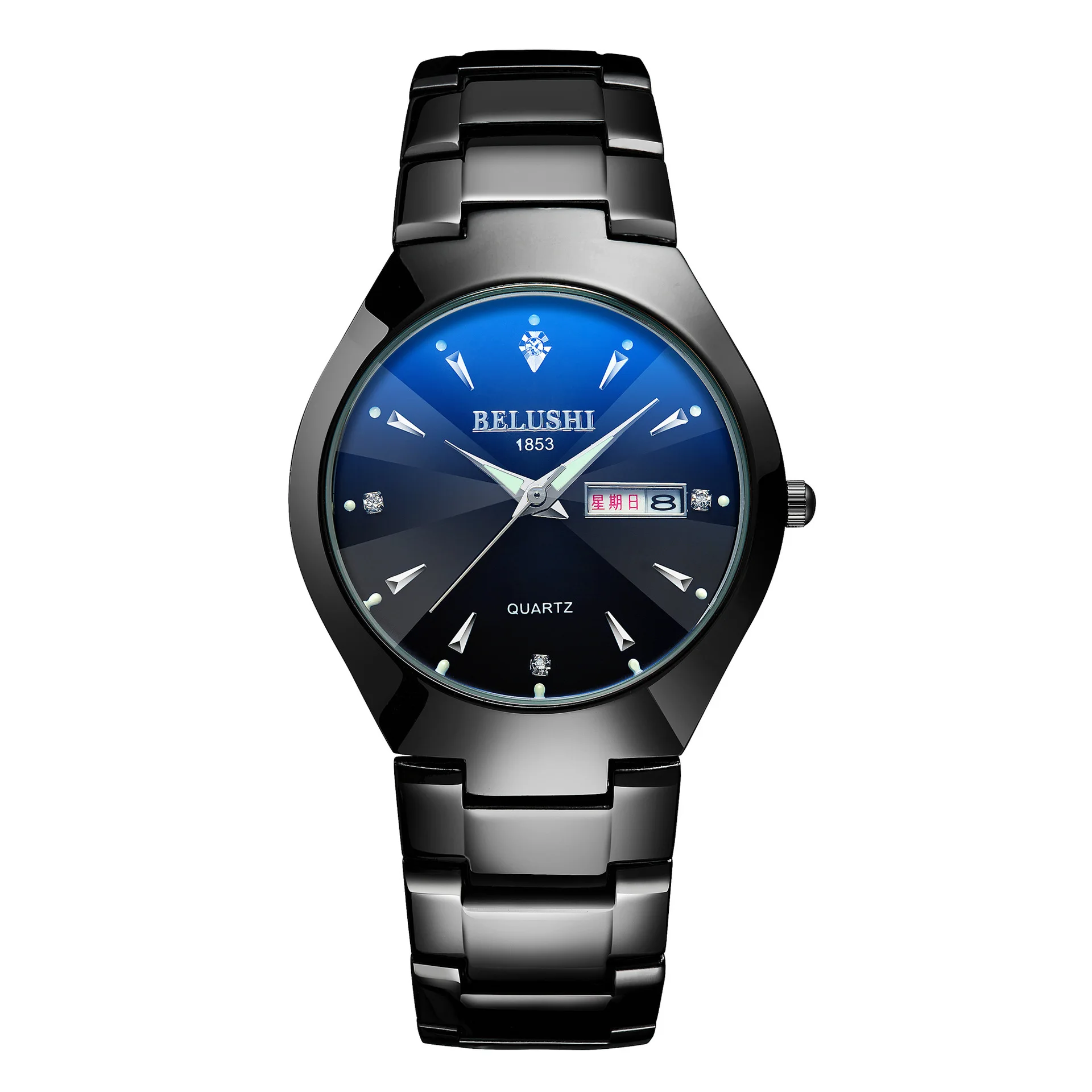 

Explosions Jin Dian Black Steel Butterfly Buckle Double Calendar Luminous Blue Waterproof Couple Watches Leisure Business Watch