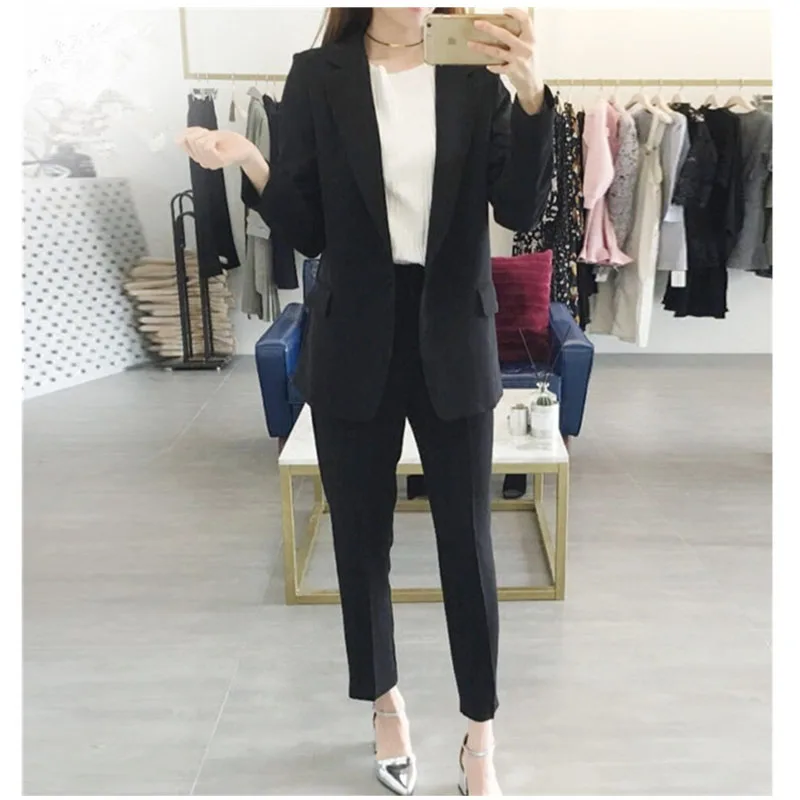 Women Suit Gray Casual Blazer & High Waist Pant Office Lady