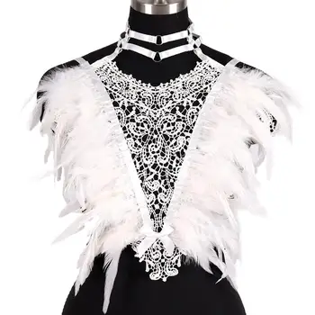 

White Feather Harness Bra Lace Girl Fashion V-Neck Tops Elastic Lingerie Belt Shawl Dance Cothing Chest Bondage Dance Party