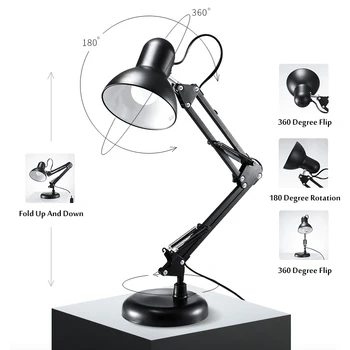 

Folding Metal Swing Arm Desk Lamp Clamp Mount E27 Adjustable Table Light LED Indoor Lighting with Clip Base for Reading Studying