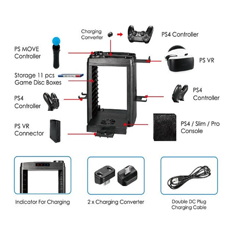 Вертикальная подставка, охлаждающий вентилятор, игровая станция для хранения, зарядная док-станция, мульти для Playstation 4 PS4 Pro Slim PS Move PS VR