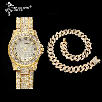 

Hip Hop Necklace & Watch Combet Set Gold Color Heavy Full Iced Out Paved Rhinestones Cuban Chain CZ Bling Men Rapper Jewelry