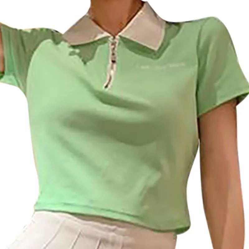 

Women T-Shirt Summer Solid Turn Down Collar T-Shirts Lady Zipper Short Tops Shirt Simple Ice Silk T-Shirt Tops