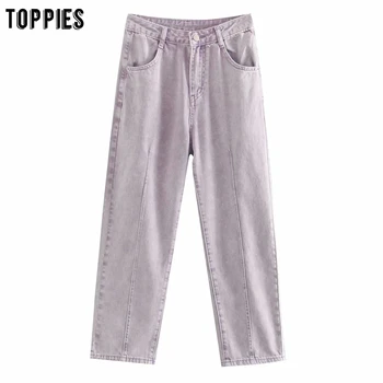 

toppies women violet jeans high waist denim straight pants summer loose solid color green trousers