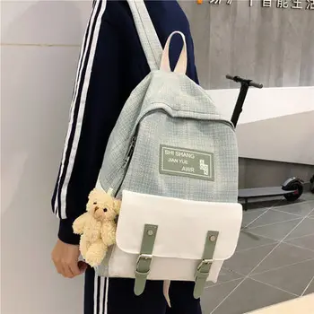 

Student Female Cute Backpack Linen Women Fashion School Bag Harajuku Girl Kawaii Backpacks Canvas Lattice Ladies Bags