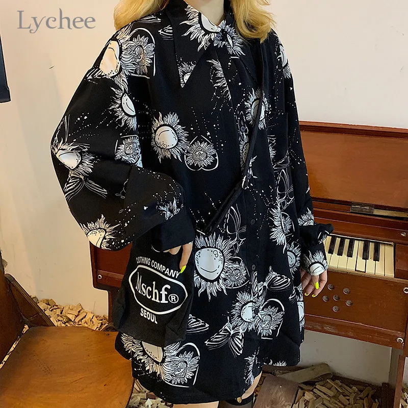 Lychee Harajuku темная мультяшная женская рубашка с принтом от солнца блузка