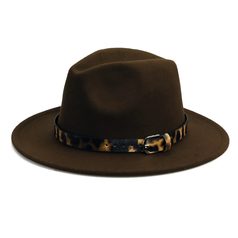 YY 16 цветов Леопардовый пояс Fedora для мужчин зима с широкими полями Джаз Панама шапки женские осенние винтажные фетровые шляпы шляпа игрока FD19051 - Цвет: Brown Felt Cap