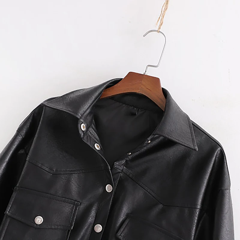 Faux Leather Jackets Women Fashion PU Black Coat Elegant Belt Waist Pockets Buttons Female Coats Streetwear Ladies Jackets