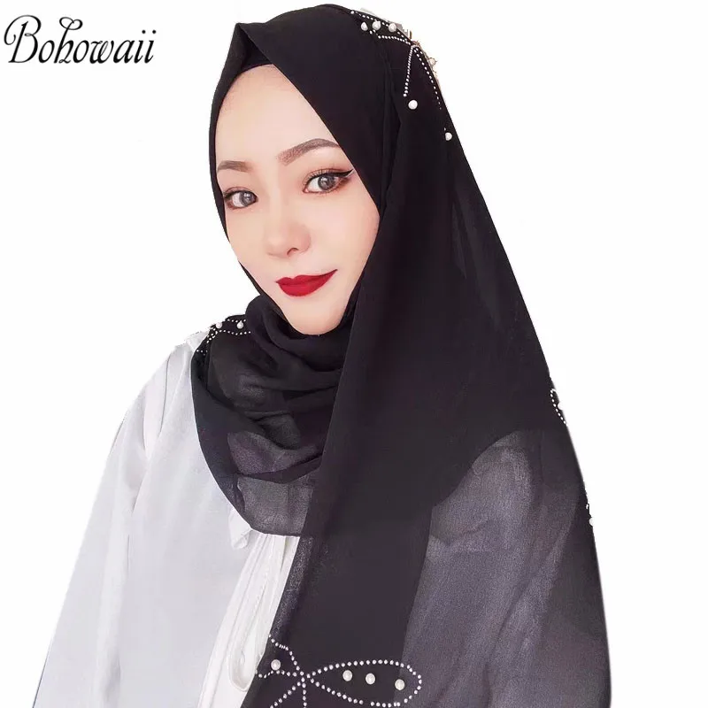 Women Beaded Bubble Chiffon Long Scarf Hollow Floral Shawls Muslim Hijab Scarves 