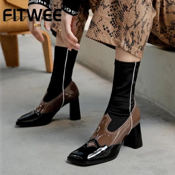 

FITWEE New Woman Short Boots Genuine Leather Mixed Color Square Toe Woman High Heel Shoes Cool Shoes Winter Woman Size 34-40