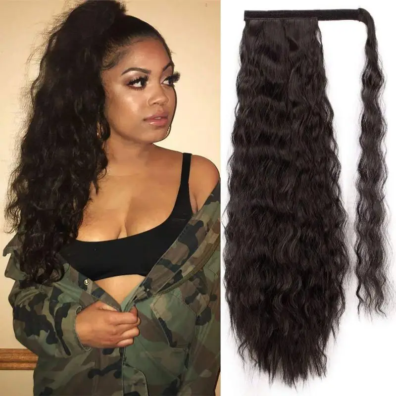 24" Curly Wavy Wrap Around Clip In Braid Hair Extension Heat Resistant Synthetic Natural Wave Pony Tail Fake Hair Wig Styling