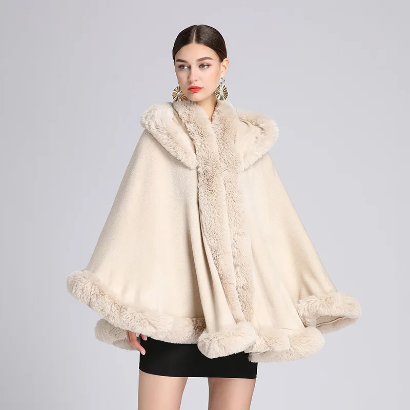 2021 Winter Women Poncho Big Faux Fur Collar Long Tassel Cape Thick Warm Faux Woolen Plus Velvet Outside Coat With Hat