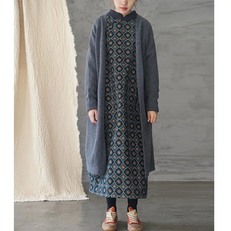 SCUWLINEN Winter Women Dress Vintage Print Thick Long-sleeve Loose Cotton Dress P185