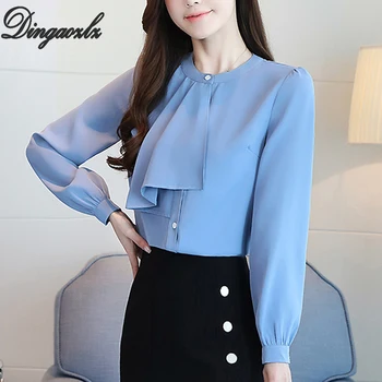 

Dingaozlz 2020 New Elegant Women Tops shirt Long sleeve Round neck Ruffled Chiffon blouse blusa feminina