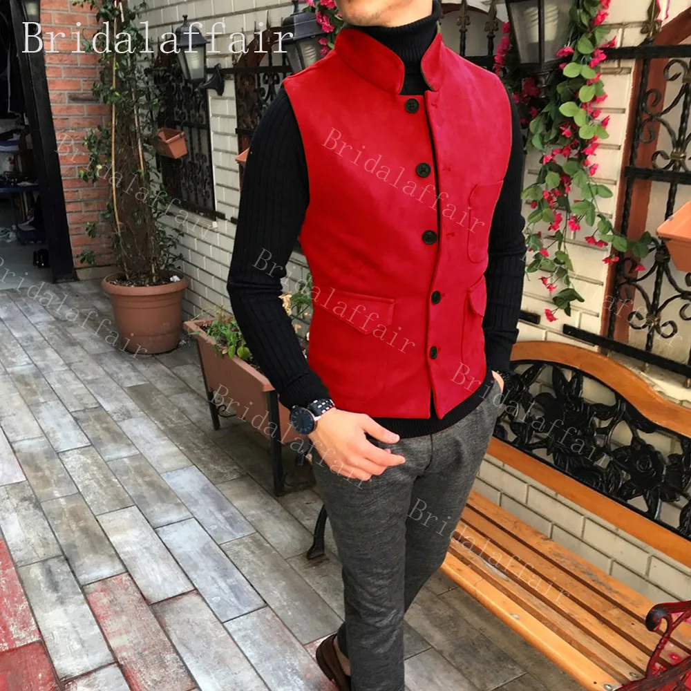 Bridalaffair мужской костюм жилет высокого качества бархатный коричневый приталенный мужской жилет для делового костюма для свадебных женихов 16 цветов больше - Цвет: red