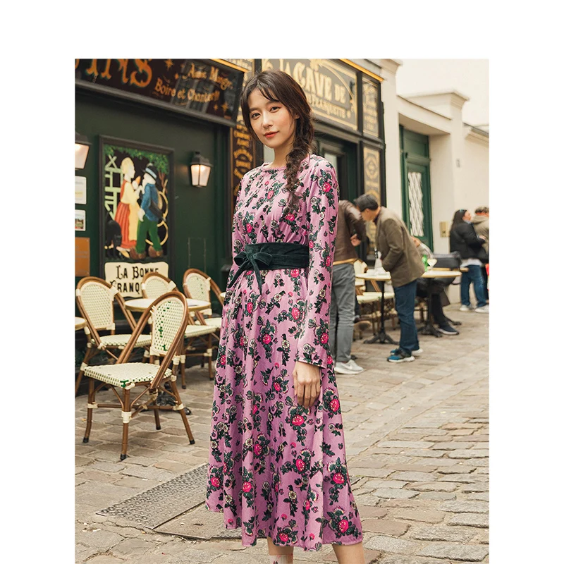 INMAN Spring Autumn New Arrival Lace Slash Neck Vintage Print Contrast Color Belt Elegant Dress INMAN Spring Autumn New Arrival Lace Slash Neck Vintage Print Contrast Color Belt Elegant Dress
