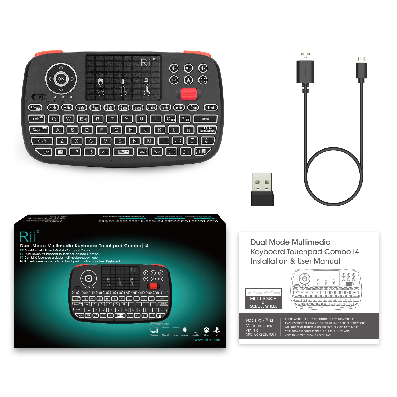 Rii i4 испанская Bluetooth клавиатура мини беспроводная клавиатура с QWERTY клавиатура с задней подсветкой, тачпад для Apple iOS/Android/Window
