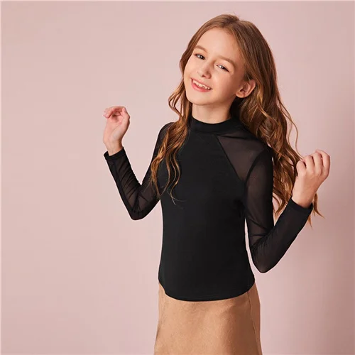 Черный SHEIN Kiddie/черная Повседневная футболка для девочек с воротником-стойкой; Детские топы; Весенняя модная одежда с длинными рукавами; детские базовые Стрейчевые футболки - Цвет: Черный