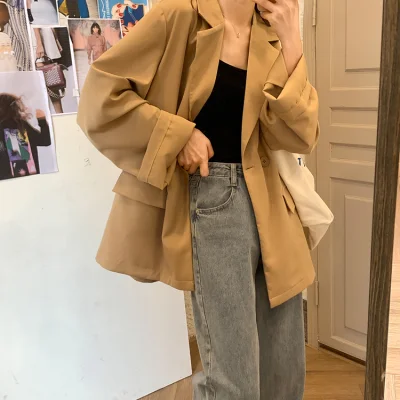 

2020 Autumn New Korean Version Women's Jacket Boards of Large Size Suit Loose Casual Mid-Length Coat Turn-Down Collar V-Neck