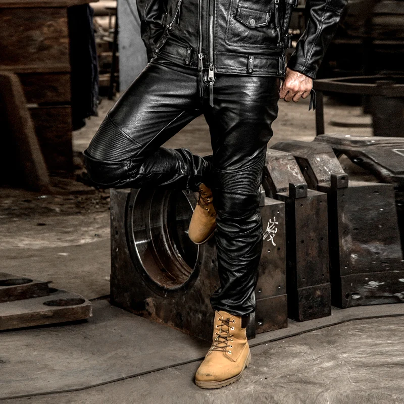 

Brand Genuine Leather Long Pants Men's Profession Motorcycle Biker Trousers Slim Fit Cowskin Real Leather Protective Gear Pants
