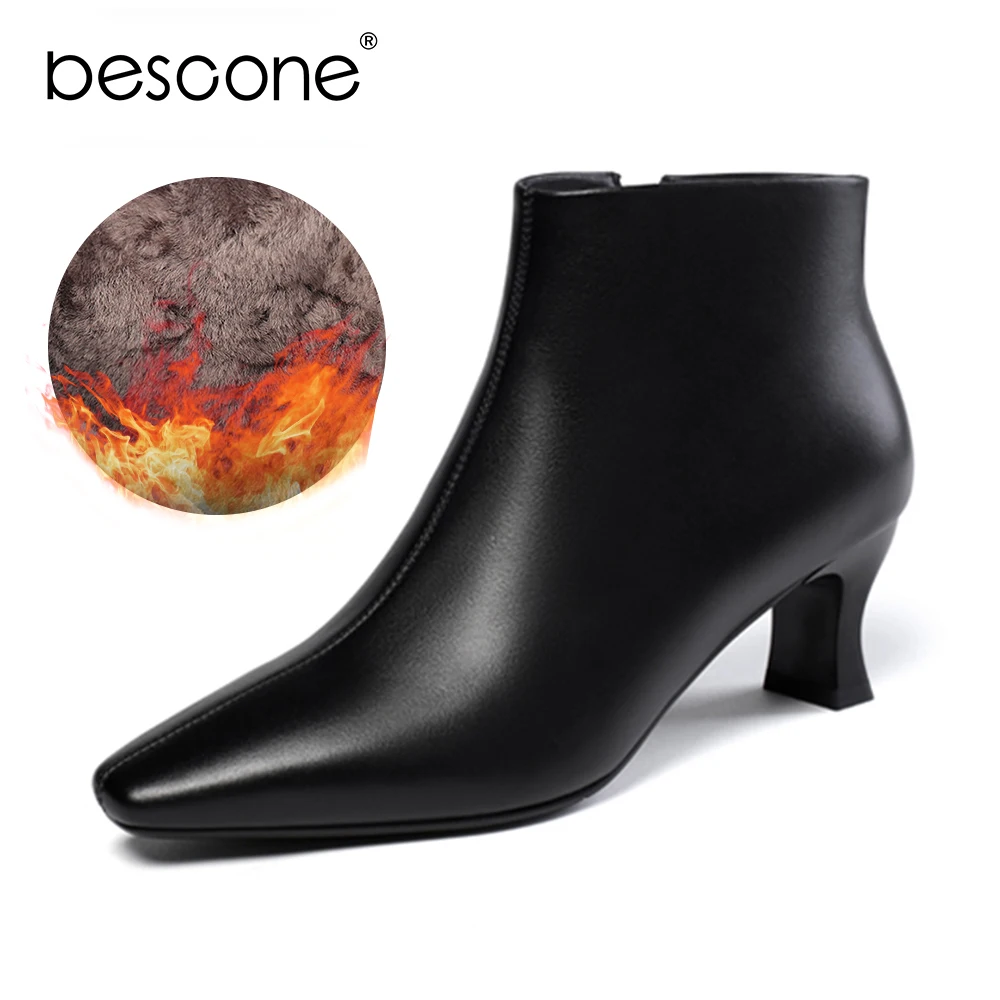 

BESCONE Women's Boots Winter Fashion Elegant Leather Handmade Ladies Boots Pointed Toe Ankle Boots Classics Boots Women BO651