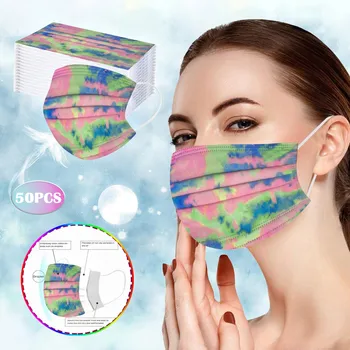 

50pc Adult Tie Dye Face Masks Three-layer Disposable Protective Mask Breathable Gradient Printing Mouth Cover Ear Hook Masque