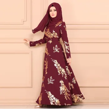 

Saudi Arabian ethnic dress gown Muslim Turkey Dubai Oman printed sequin long sleeve dress Abaya Ramadan prayer mosque dress