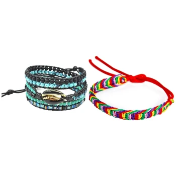 

10 Pcs Bracelet: 9 Pcs Colorful Handmade Braided Bracelets & 1 Pcs Natural Stone Charm Leather Bracelet Bead