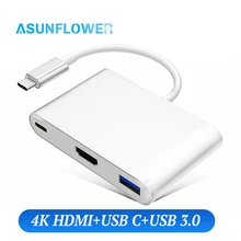 Asunflower USB C концентратор Тип C до 4K HDMI адаптер USB 3,0 PD зарядка 3 в 1 разветвитель для MacBook Air 13 USB C док-станция USB C к HDMI концентратор