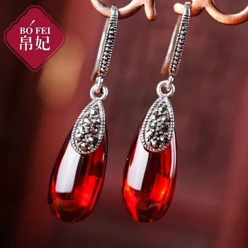 

SILK PRINCESS HIGH-END WATER DROP 925 STERLING SILVER RETRO FEMALE ELEGANT NATURAL SEMI-PRECIOUS STONES GARNET DANGLE EARRINGS