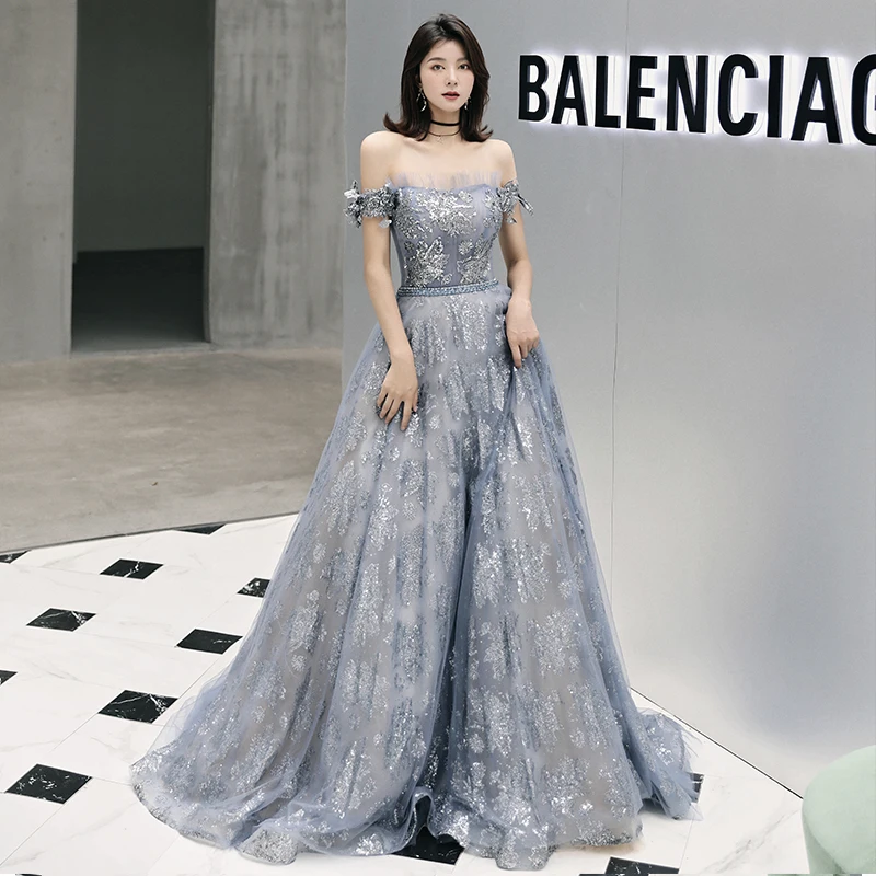 SSYFashion роскошный серый вечернее платье, для банкета элегантный вырез лодочкой развертки поезд блестками аппликации платье длинное вечернее платье Vestidos