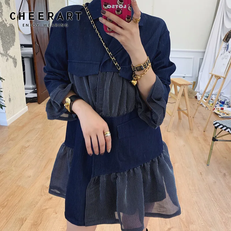 Cheerart осеннее винтажное платье темно-синее мини-платье с оборками корейский