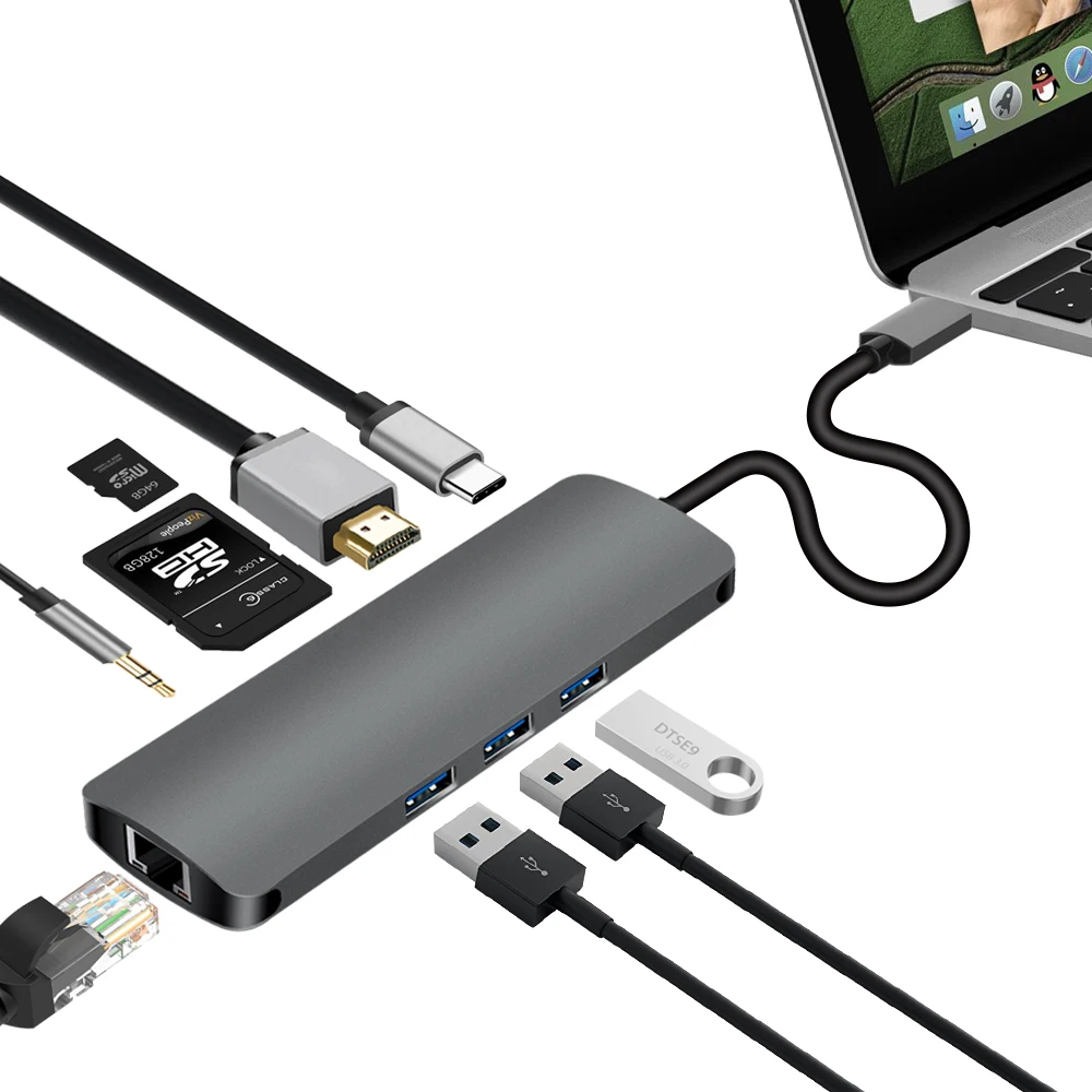 USB разветвитель 9 в 1 HDMI RJ45 Gigabit Ethernet Тип C PD зарядка 4K видео HD аудио для Huawei matepad