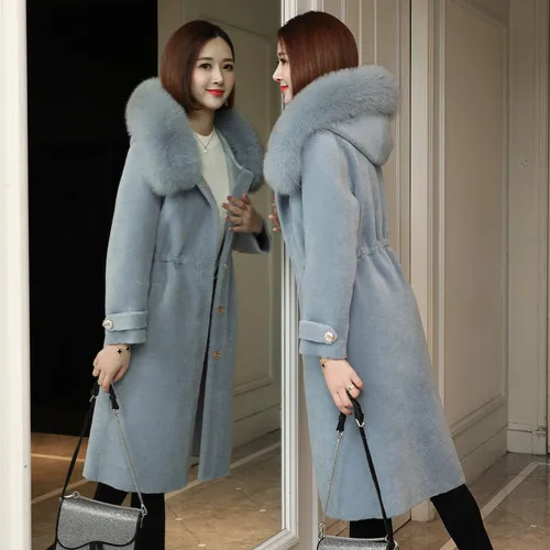 Tcyeek Women's Fur Coat Female Winter Jacket Women Natural Fox Fur Sheep Shearing Coats Long Warm Real Wool Jackets 00618 - Цвет: YuLan